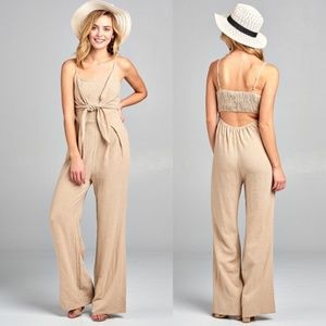 Linen Tie Front Wide Leg Jumpsuit in Tan